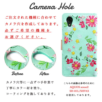 【梅澤商店】 100機種以上対応 ヌメ革 花刺繍 花柄 フラワー ハンドあり スマホケース 手帳型ケース ケース カバー