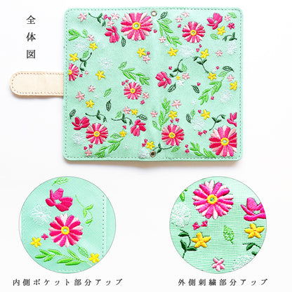【梅澤商店】 100機種以上対応 ヌメ革 花刺繍 花柄 フラワー ハンドあり スマホケース 手帳型ケース ケース カバー