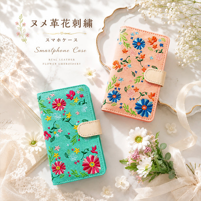 【梅澤商店】 GALAXY シリーズ 対応 ヌメ革 花刺繍 花柄 フラワー ハンドあり スマホケース 手帳型ケース ケース カバー