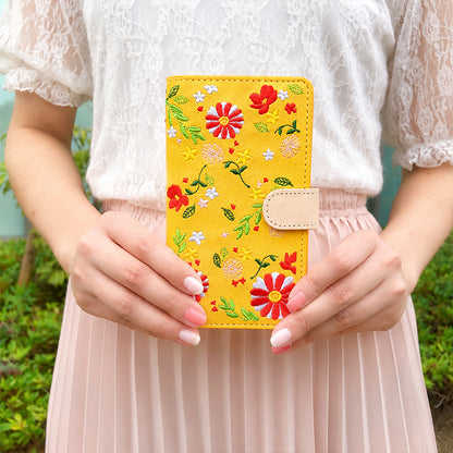 【梅澤商店】 100機種以上対応 ヌメ革 花刺繍 花柄 フラワー ハンドあり スマホケース 手帳型ケース ケース カバー