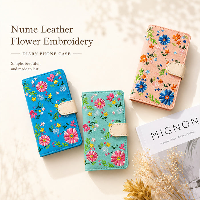 【梅澤商店】 100機種以上対応 ヌメ革 花刺繍 花柄 フラワー ハンドあり スマホケース 手帳型ケース ケース カバー