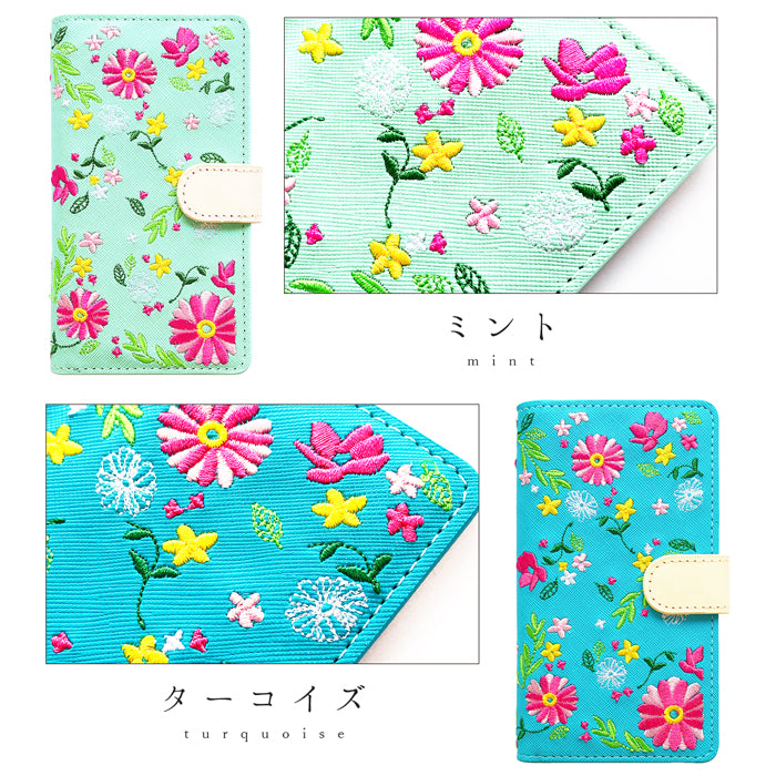 【梅澤商店】 100機種以上対応 ヌメ革 花刺繍 花柄 フラワー ハンドあり スマホケース 手帳型ケース ケース カバー