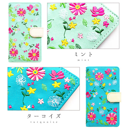 【梅澤商店】 100機種以上対応 ヌメ革 花刺繍 花柄 フラワー ハンドあり スマホケース 手帳型ケース ケース カバー