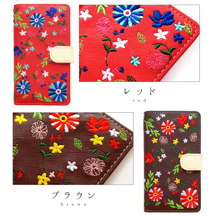 【梅澤商店】 100機種以上対応 ヌメ革 花刺繍 花柄 フラワー ハンドあり スマホケース 手帳型ケース ケース カバー