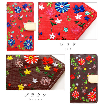 【梅澤商店】 100機種以上対応 ヌメ革 花刺繍 花柄 フラワー ハンドあり スマホケース 手帳型ケース ケース カバー